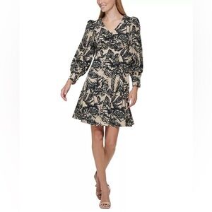 NWT! Black and Khaki CALVIN KLEIN Empire-Waist Printed Dress - Size 10